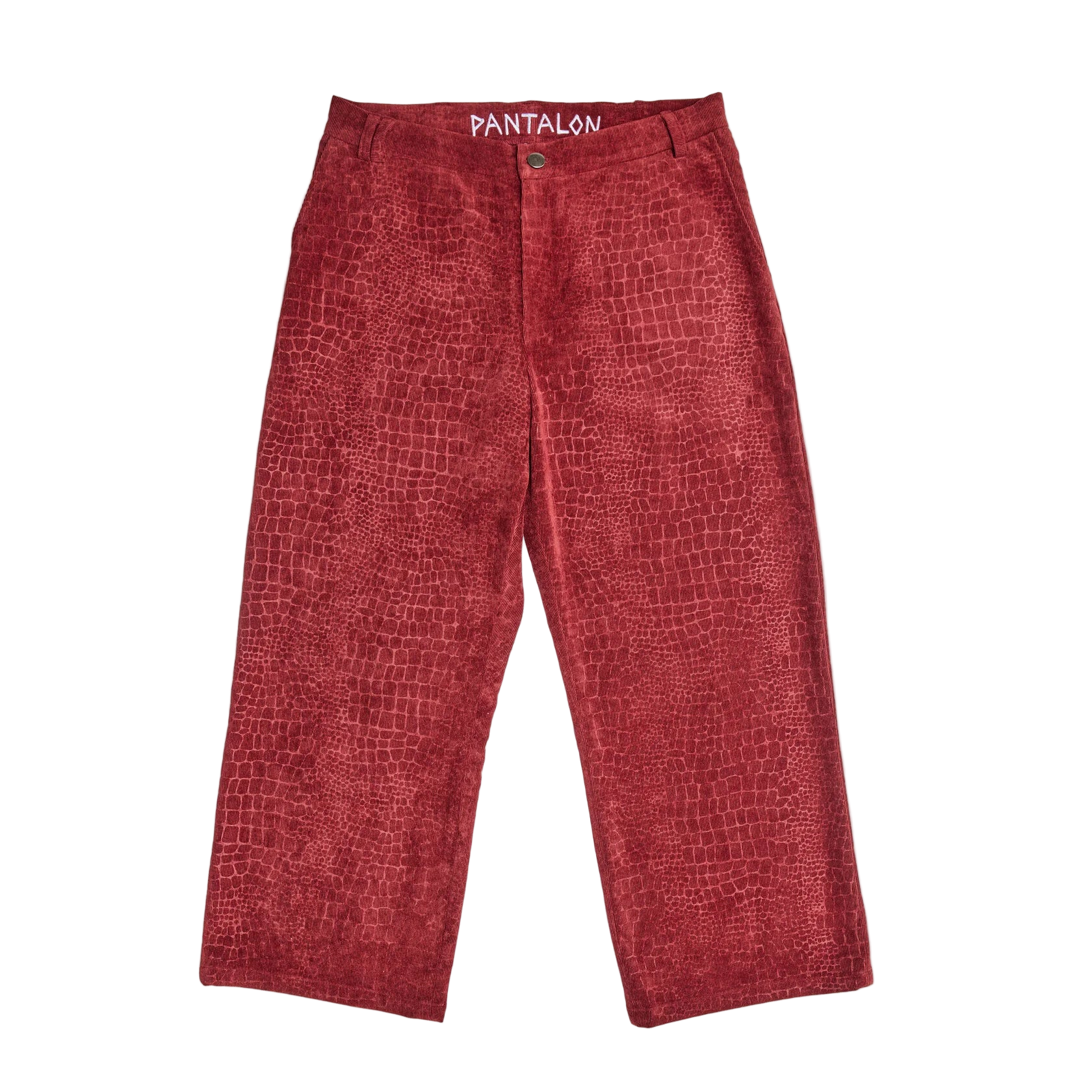 Red textured pants on a white background