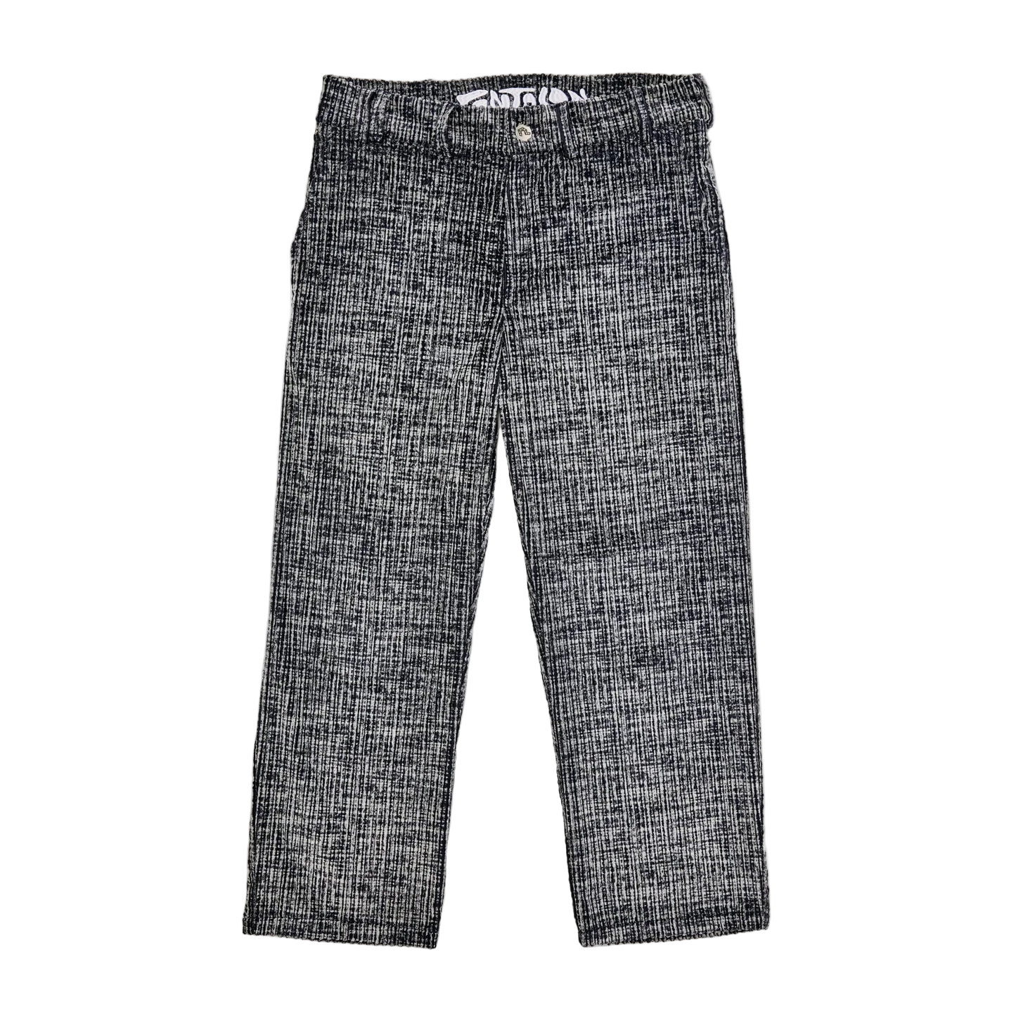 Black and white checkered pants on a white background