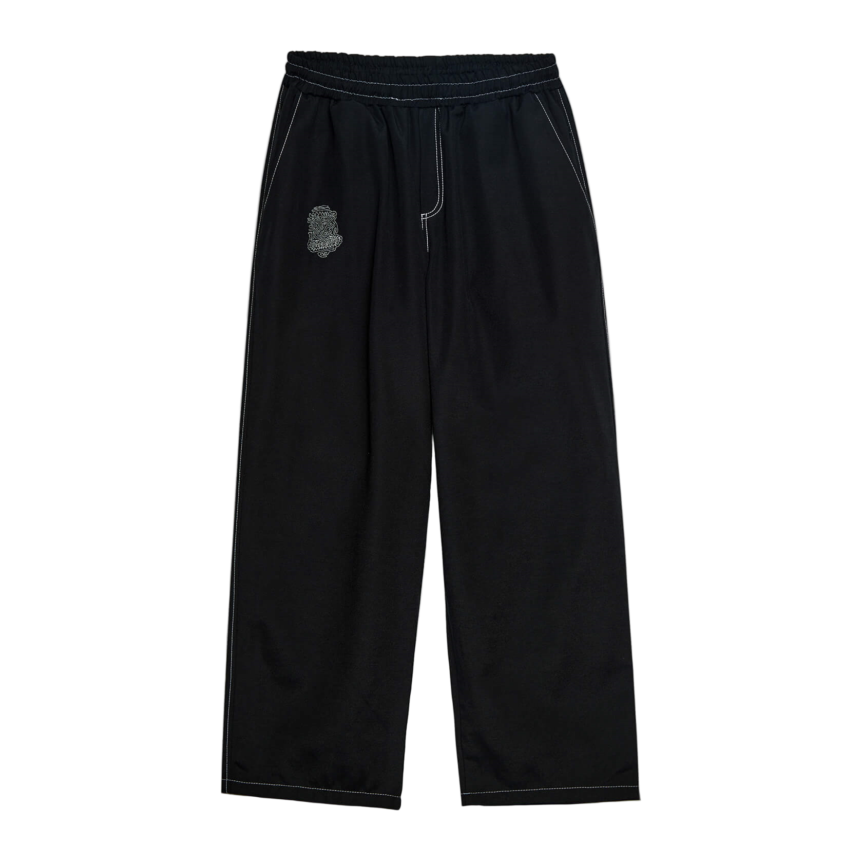 Black pants with a small logo on a white background