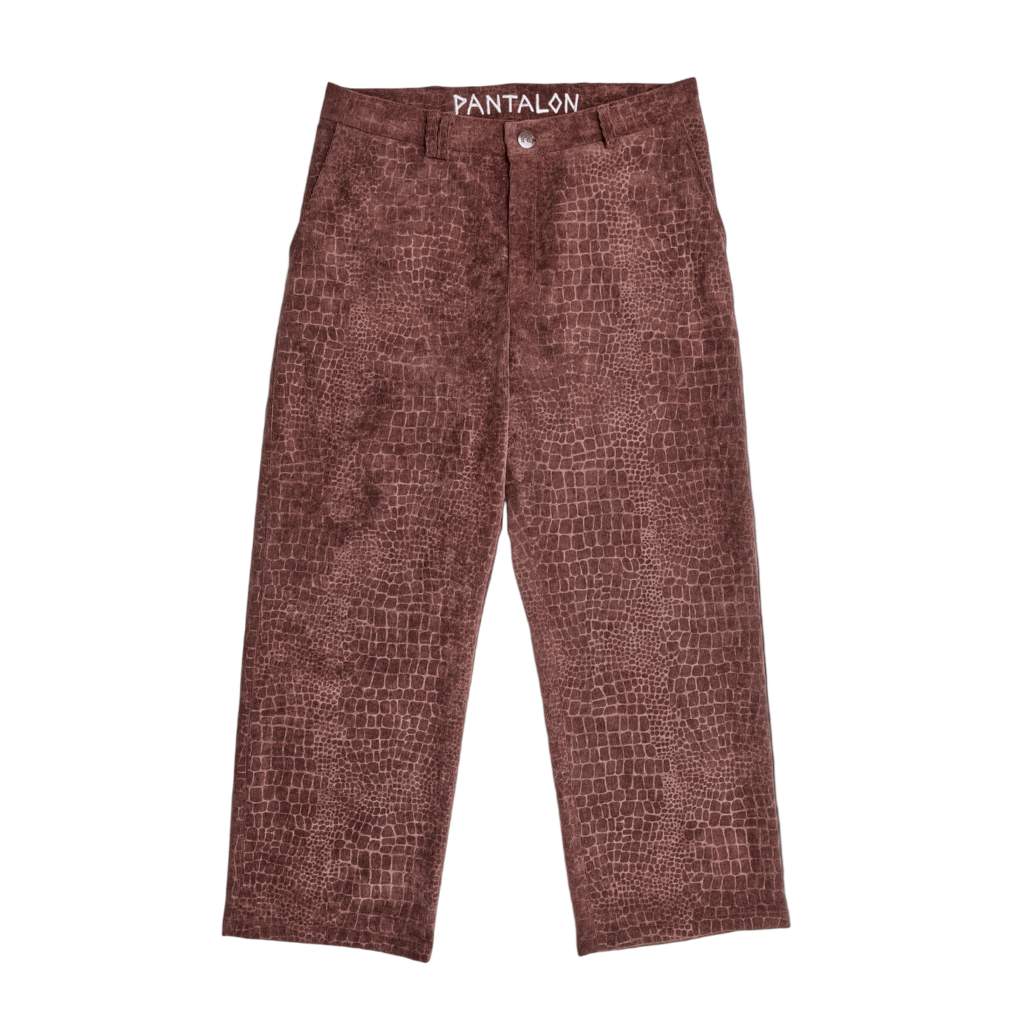 Brown textured pants with 'PANTALON' branding on a black background