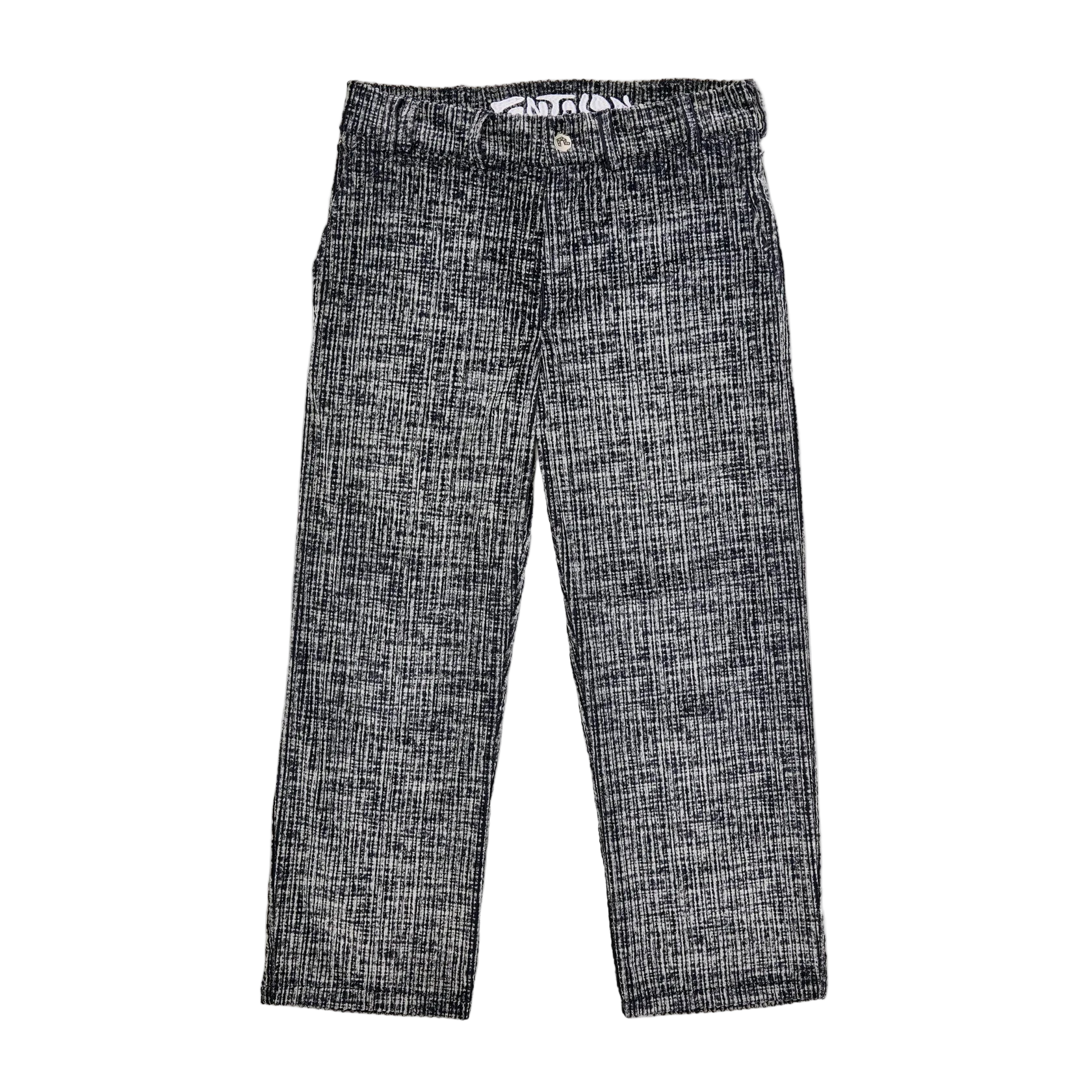 Black and white checkered pants on a white background