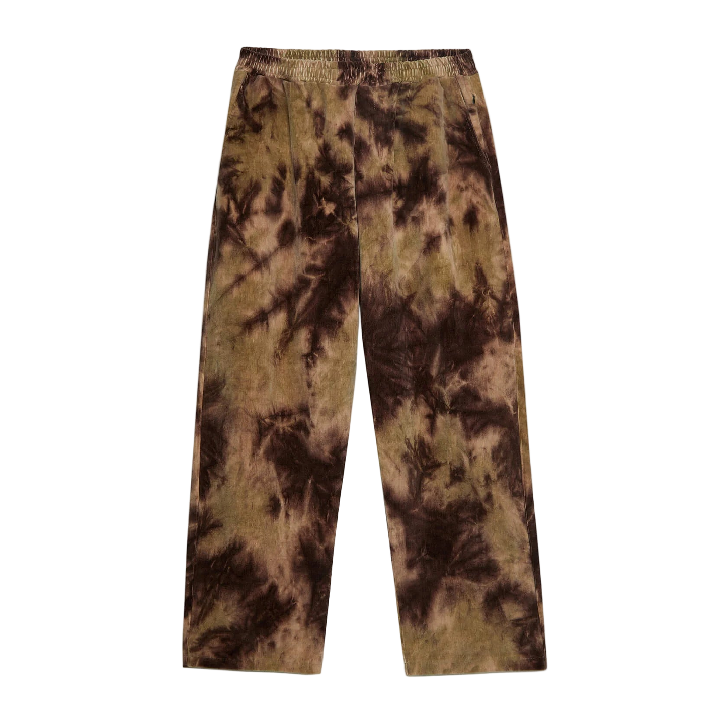 Tie-dye pants in brown and green on a white background