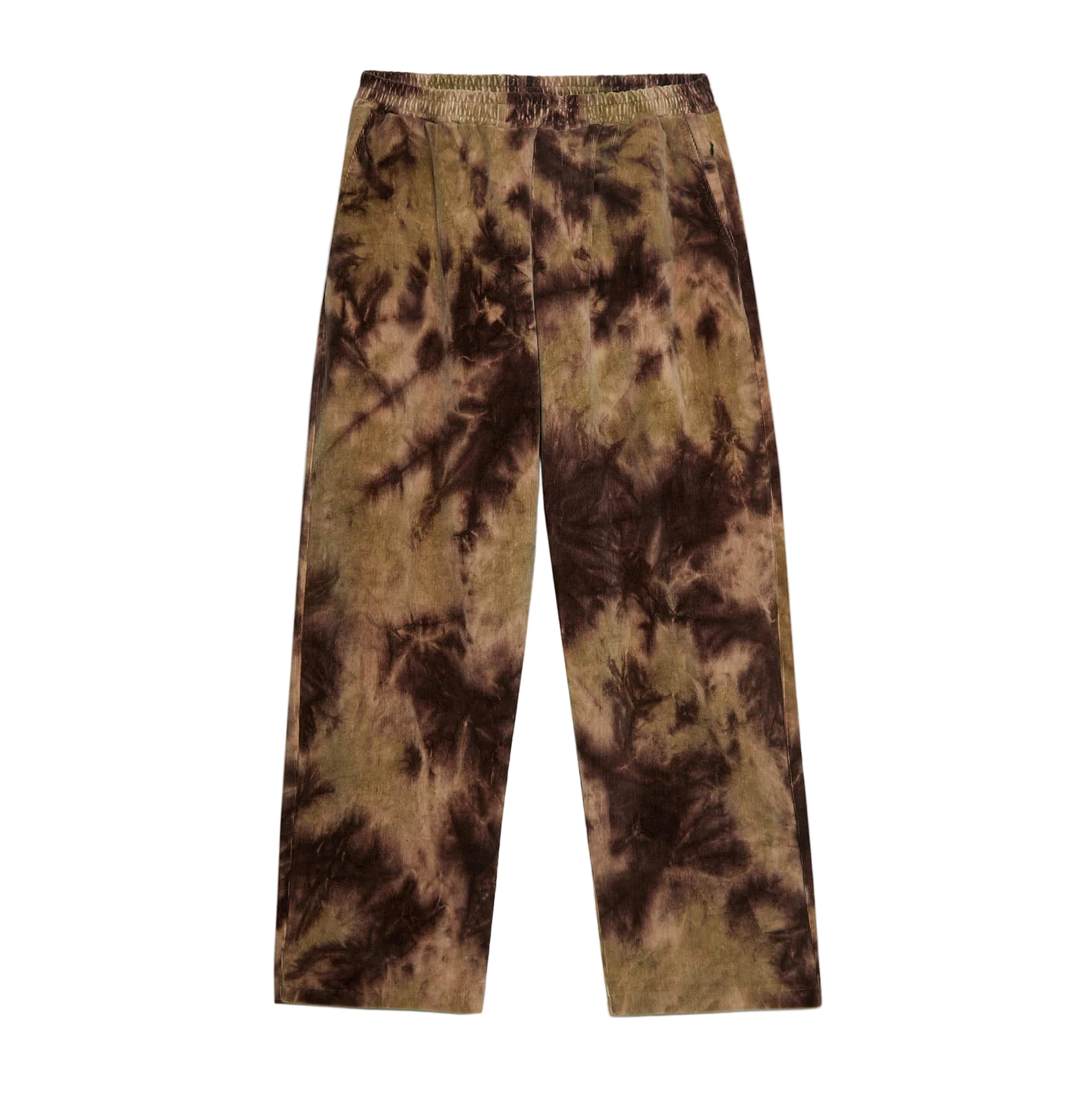 Tie-dye pants in brown and green on a white background