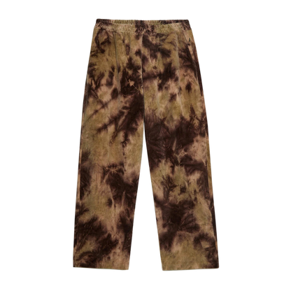 Tie-dye pants in brown and green on a white background