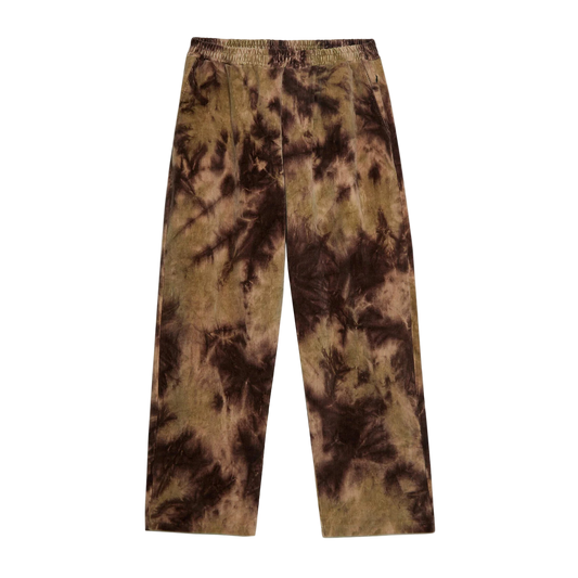Tie-dye pants in brown and green on a white background