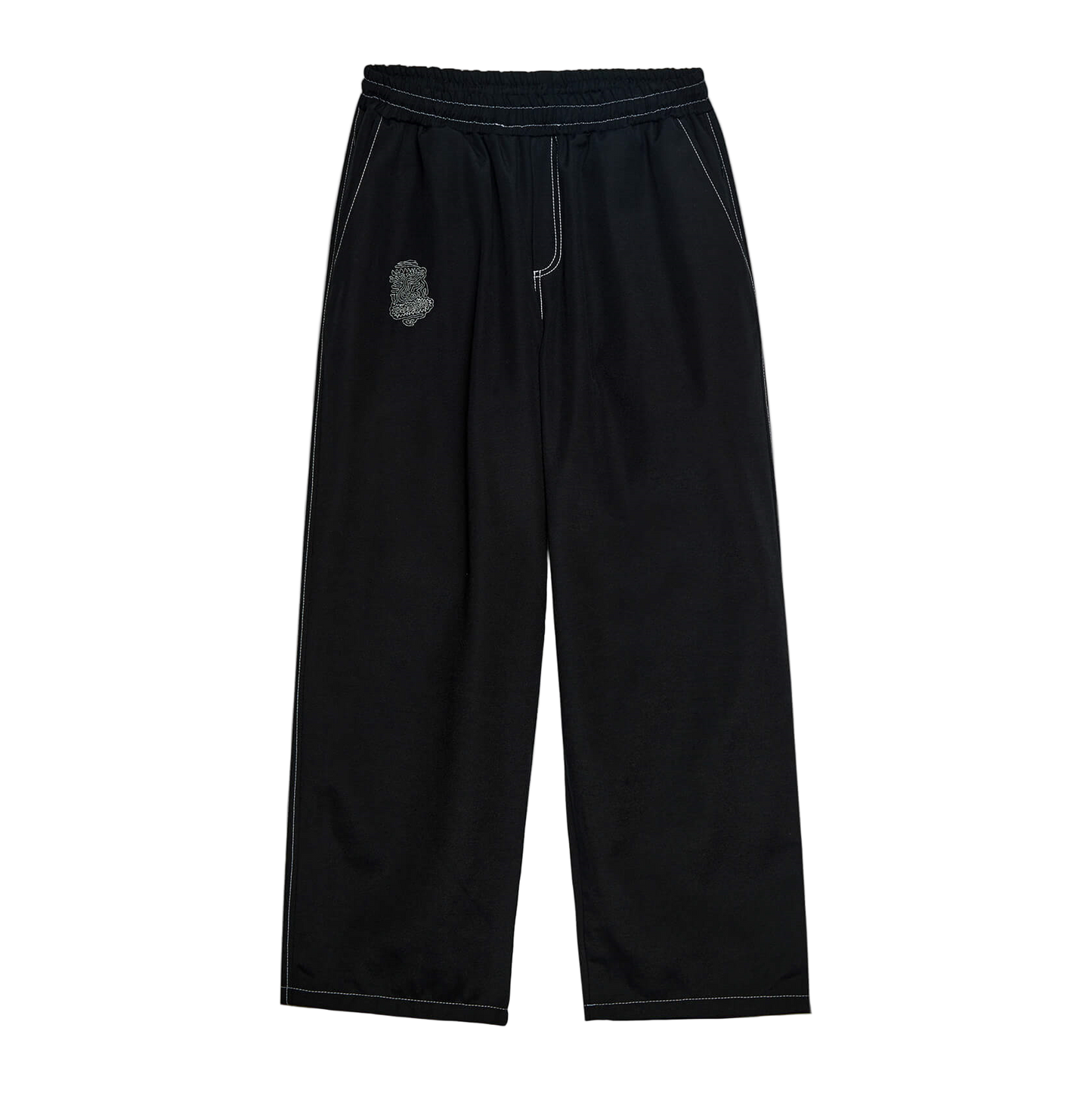 Black pants with a small logo on a white background