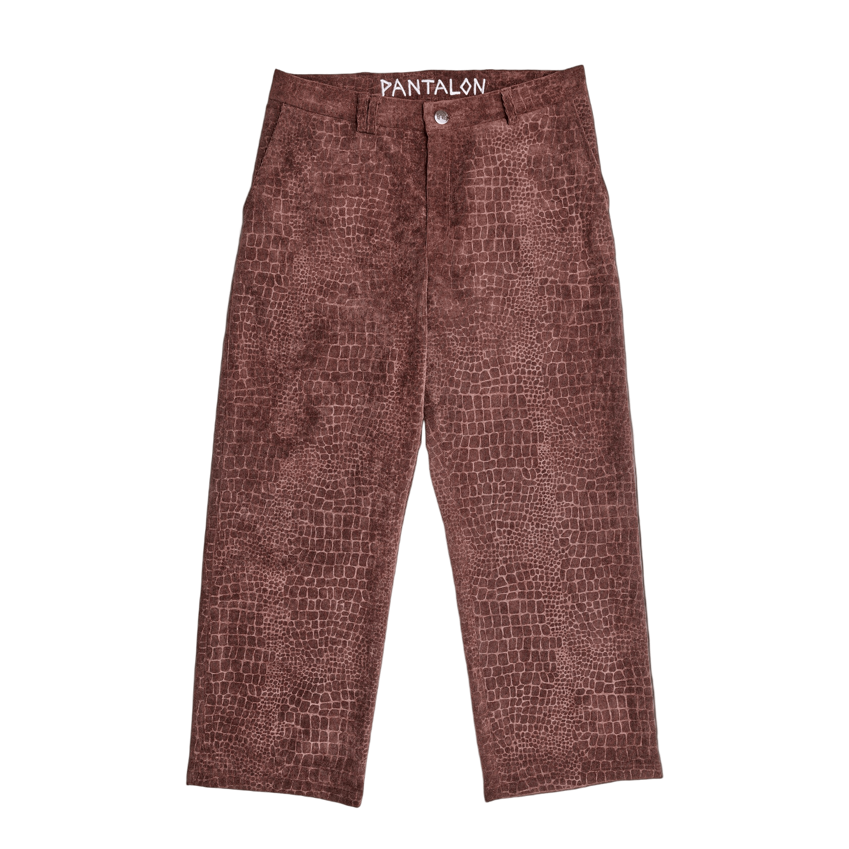 Brown textured pants with 'PANTALON' branding on a black background
