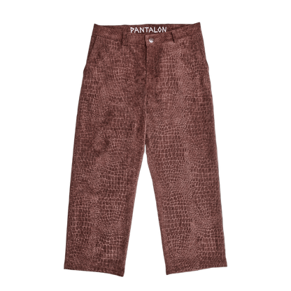 Brown textured pants with 'PANTALON' branding on a black background