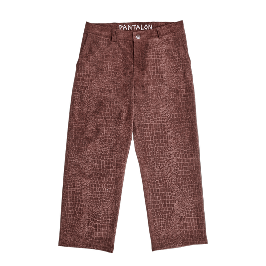 Brown textured pants with 'PANTALON' branding on a black background